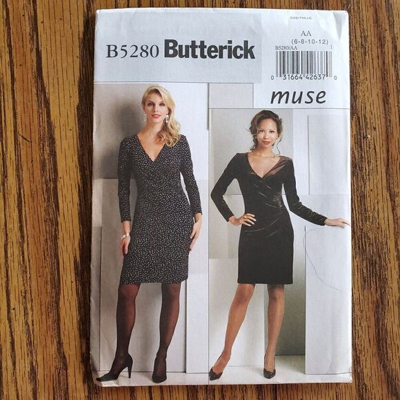 00s Butterick Pattern B5280 Uncut Mock Wrap Fitted Dress 6 8 10 12 - Picture 2 of 3